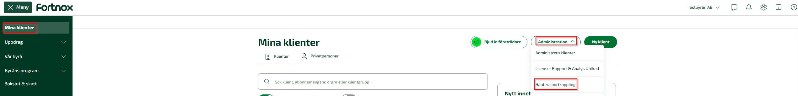 Du behöver ha behörigheten Koppla bort klienter genom din licens för byråpartner för att komma åt Hantera bortkoppling.