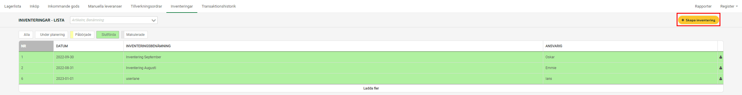 Klicka på Skapa inventering.