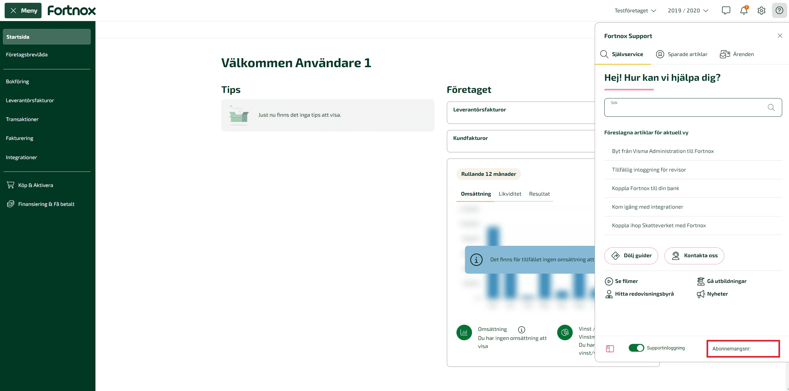 Ditt abonnemangsnummer visas även längst ner i hjälprutan.