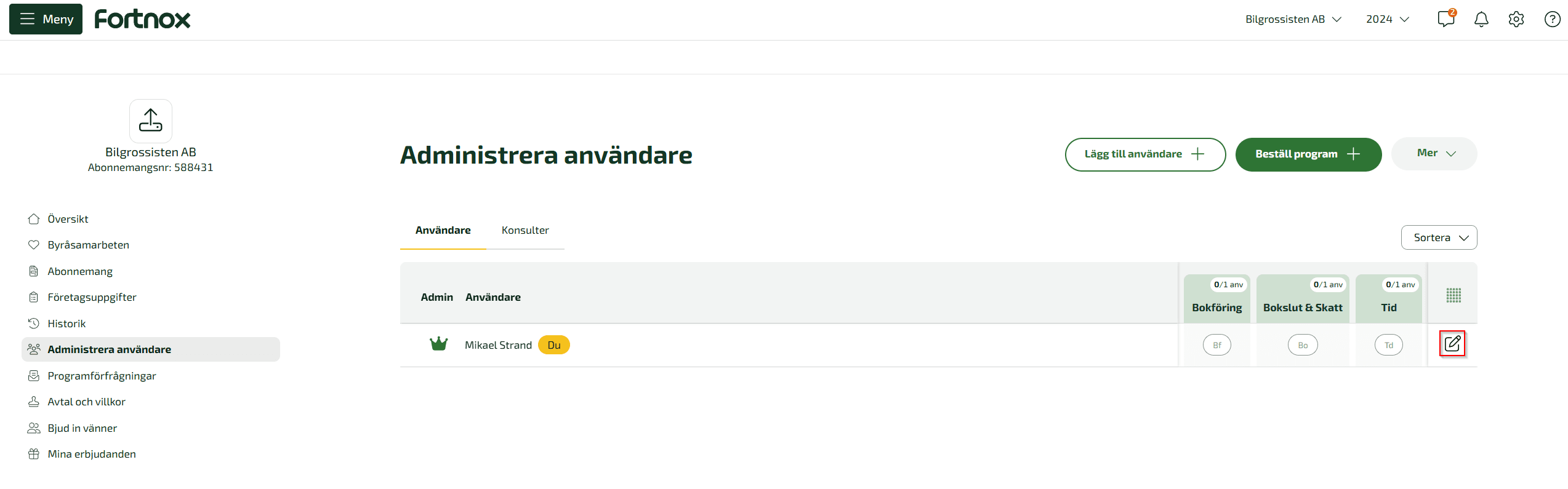 Under Administrera användare, klicka på editera-ikonen längst ut till höger på raden för den användare som ska få åtkomst.