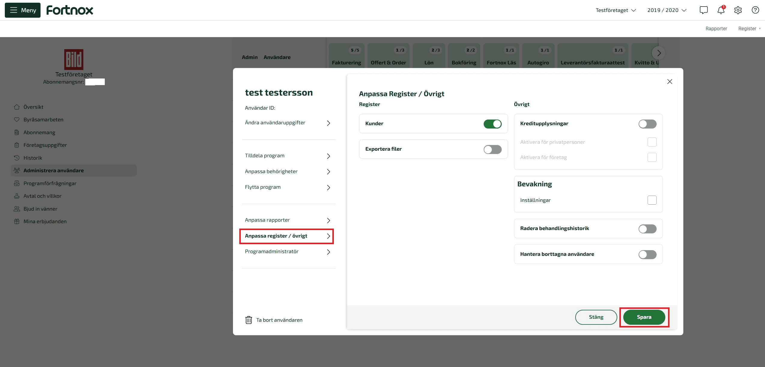 Välj användare och klicka på knappen Anpassa Register/Övrigt ute till vänster.