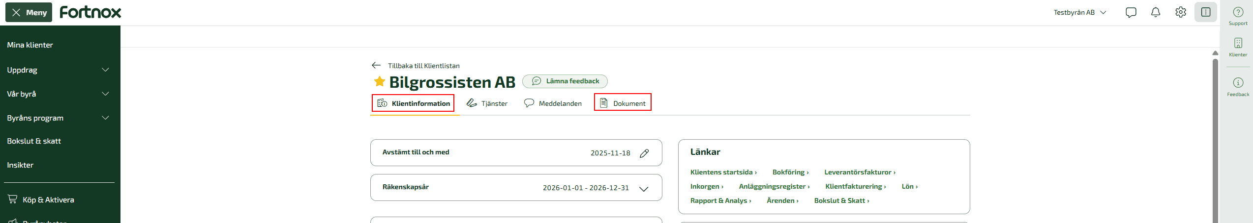 Vid bortkoppling av en klient finns de uppladdade interna dokumenten kvar, och ni som byrå behåller åtkomsten till dem.