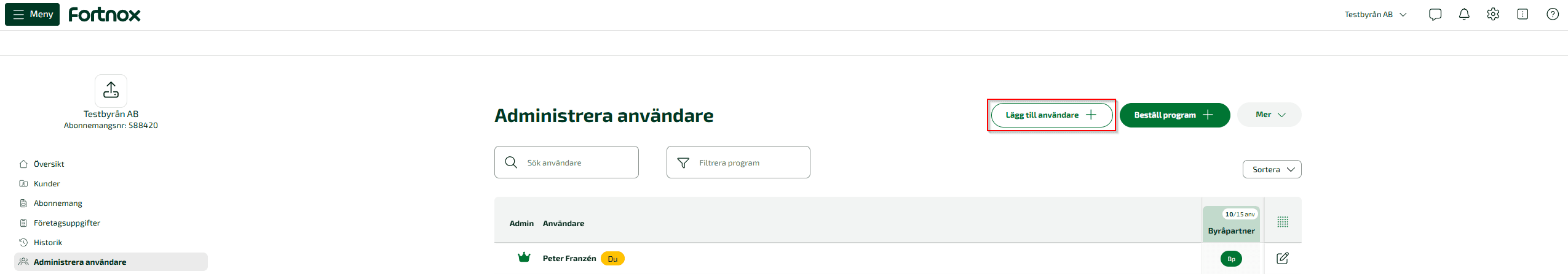 För att lägga till en ny användare klickar du på knappen Lägg till användare, fyller i uppgifterna och klickar på Spara.