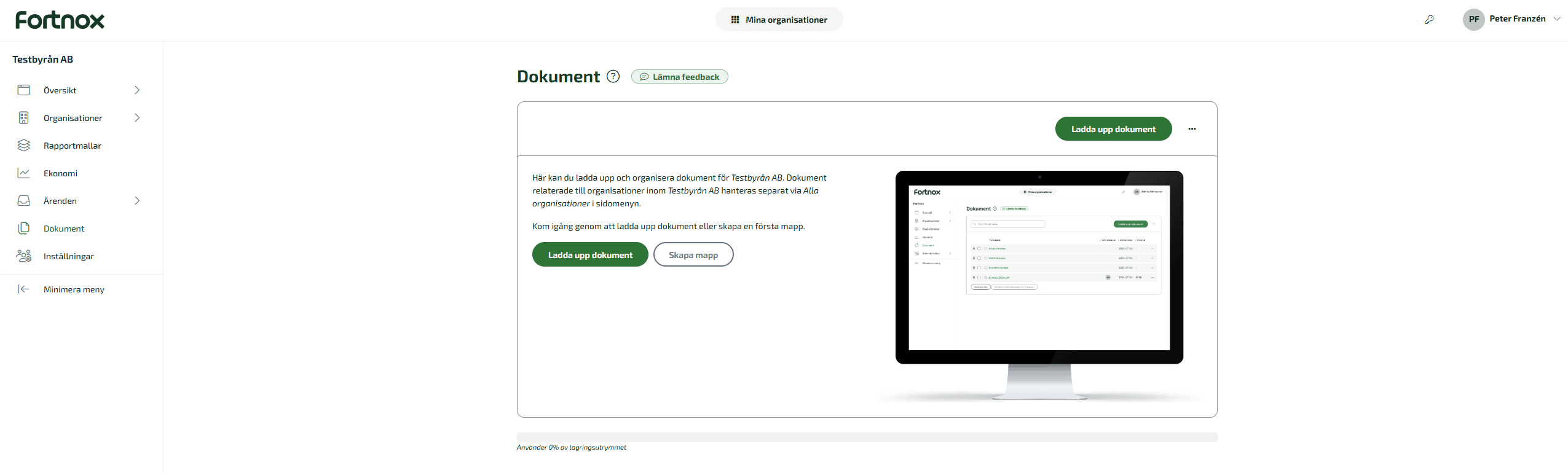 För att komma igång klickar du antingen på Ladda upp dokument eller Skapa mapp.