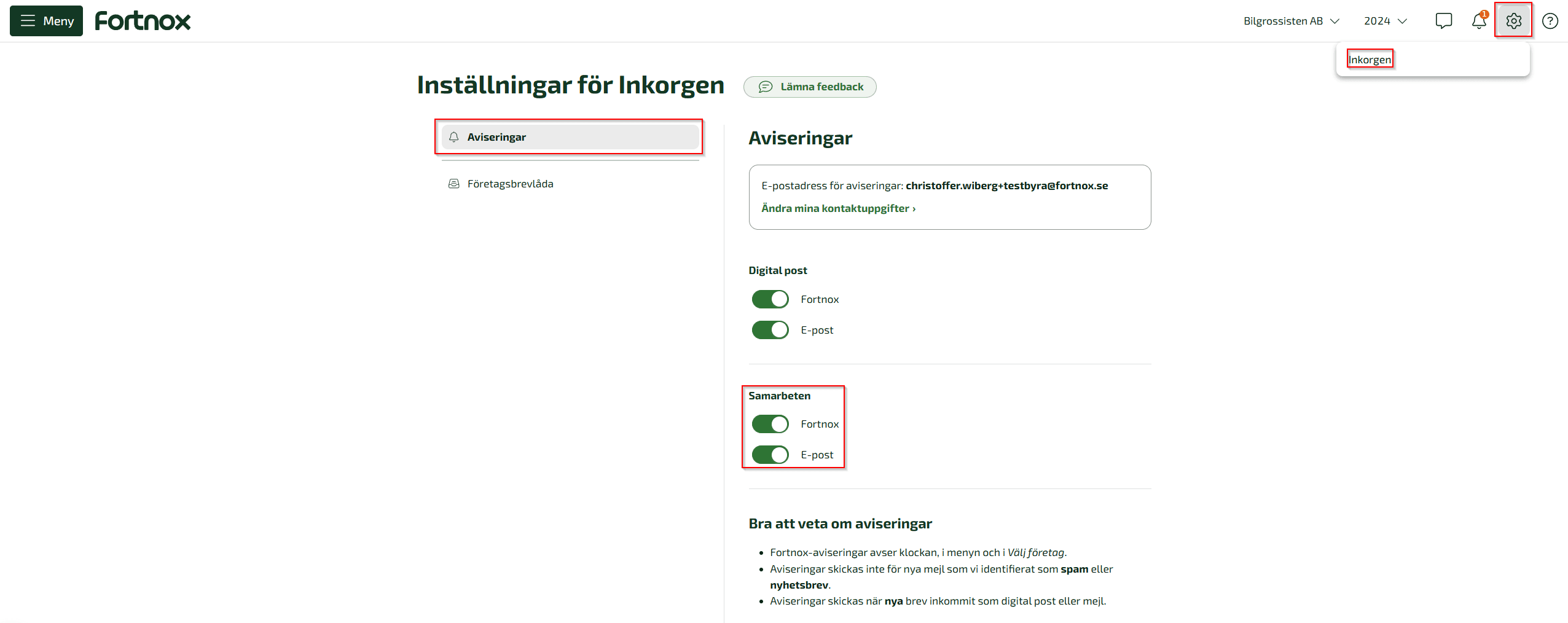 Deltagarna på ärendet från kundabonnemanget kommer då få notiser om att de mottagit ett ärende beroende på vilka Inställningar de har för Inkorgen och sedan Samarbeten i sitt abonnemang.