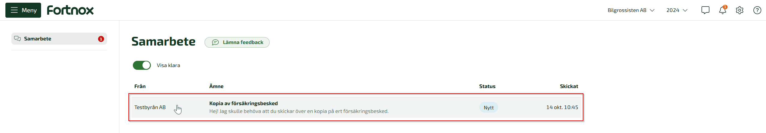 För att öppna ärendet klickar du på raden för det ärende du vill öppna.