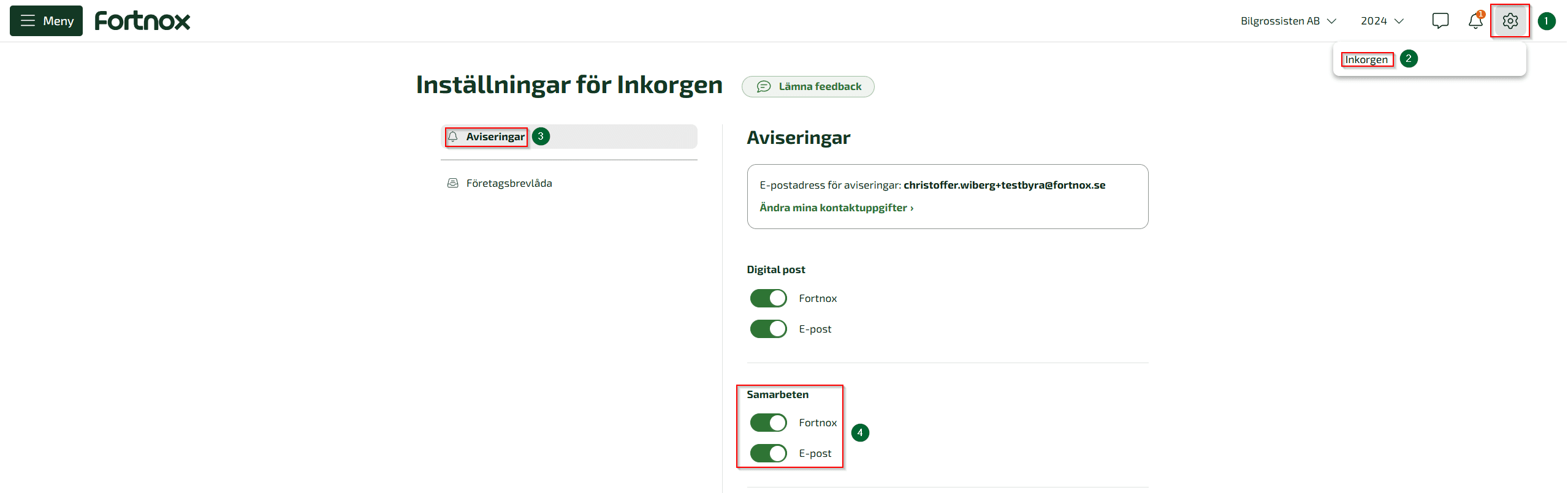 Du ställer in vilka notiser du får genom att klicka följande: Kugghjulet - Inkorgen - Aviseringar - Samarbeten.