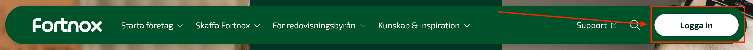 Logga in i Fortnox på fortnox.se, klicka på Logga in längst upp till höger.