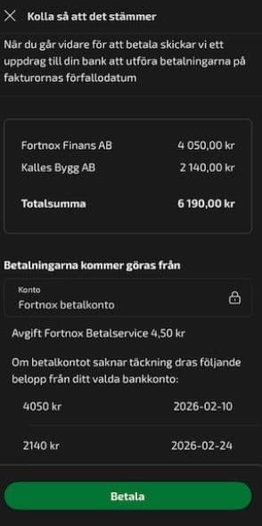 Kontrollera att sammanställningen över betalningar är korrekt.
