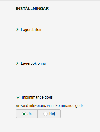 Välj använd inleverans via inkommande gods.