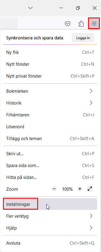 För att tillåta popupfönster i Mozilla Firefox klickar du på de tre strecken uppe till höger och sedan Inställningar