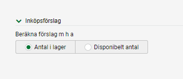 Välj om inköpsförslag ska baseras på antal i lager eller disponibelt antal.