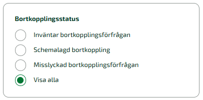 De filter som finns under Bortkopplingsstatus är Inväntar, schemalagd, misslyckad samt Visa alla.