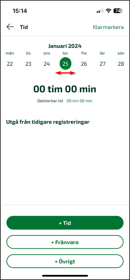 För att redovisa din tid klickar du på den gröna knappen +Tid.