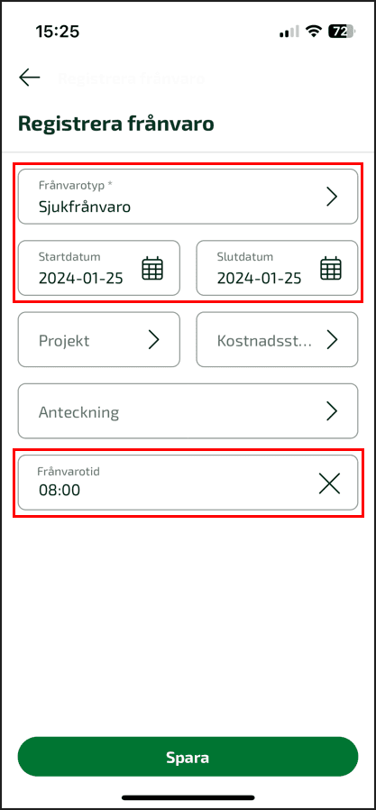 För att göra en Frånvaroregistrering väljer du datumet du var frånvarande.