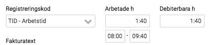 Du ser start- och stopptid, liksom en uträkning av hur mycket arbetad och debiterbar tid det handlar om.