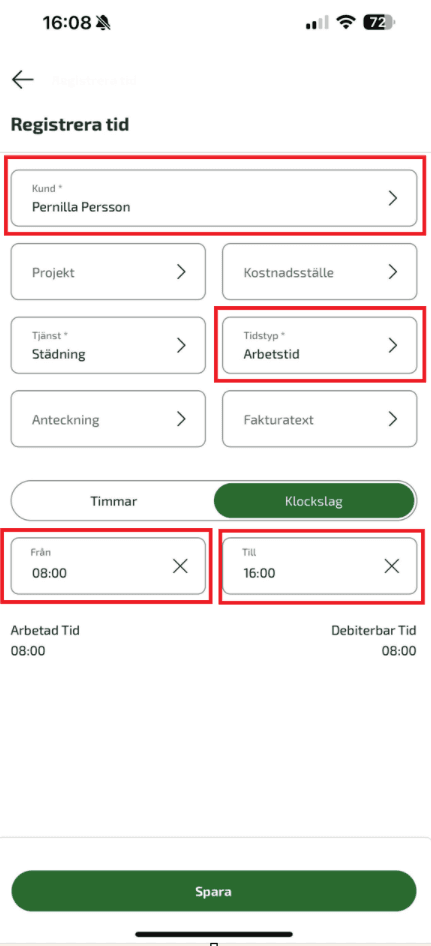 Du kan välja att rapportera mellan klockslag.
