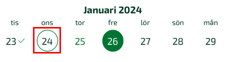 Datum med registrering visas med grön cirkel.