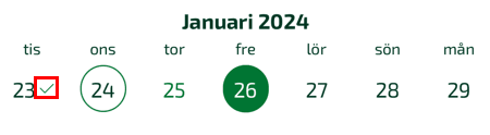 Klarmarkerat datum visas med grön bock.