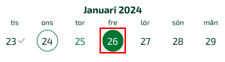 Valt datum visas med en grön fylld cirkel med datum i vitt.