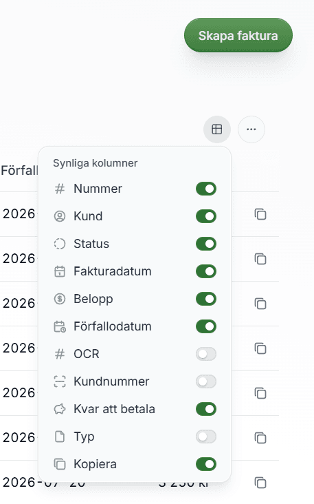 Genom att klicka på rutnätssymbolen kan du välja exakt vilken information som ska visas i din lista.