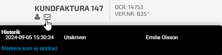 Klicka på brevet längst uppe till vänster på kundfakturan och sedan på Markera som ej skickad.