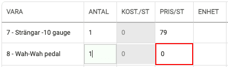 Om det inte finns något pris på den artikeln markeras fältet med en röd ram.