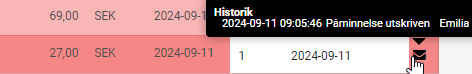 Klicka på brevsymbolen för att se när och av vem påminnelsen är skickad.
