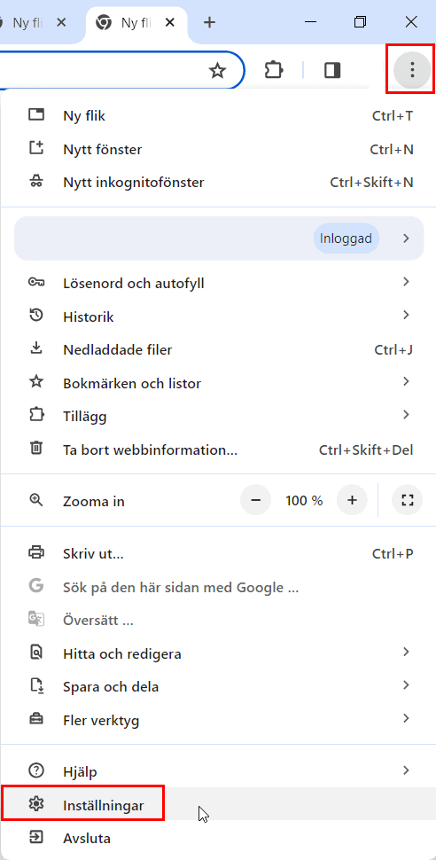 För att tillåta popupfönster i chrome klickar du på de tre prickarna och sedan Inställningar.