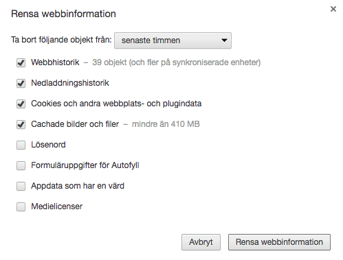 Tidsintervall och alternativ för att rensa webbinformation i Chrome på en Mac.