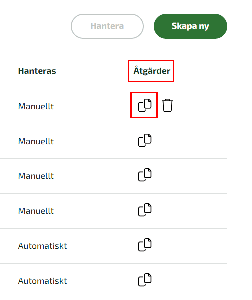 Du kan kopiera skapade Återkommande fakturor via kopieringssymbolen.