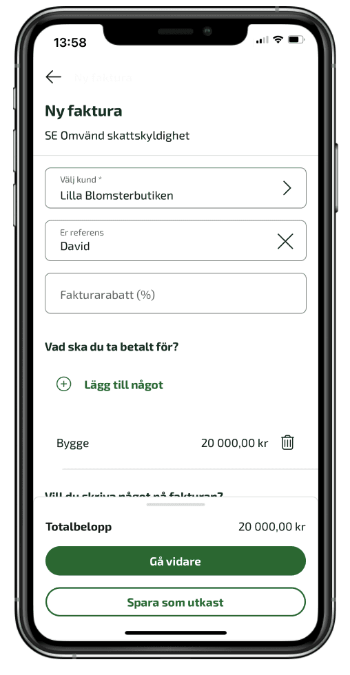 När du väljer din kund kommer den momstyp som ligger inlagd på kunden att visas i grön text.