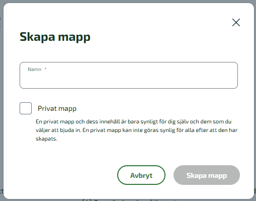 Du har i detta läge möjlighet att i Byråns dokument göra mappen privat genom att bocka i rutan vid Privat mapp.