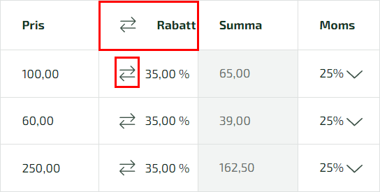 På varje rad på kundfakturan är det möjligt att lägga in en rabatt.