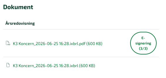 Under Dokument i denna flik kommer det att synas en knapp efter pdf-filen där det står E-signering som visar på hur många av parterna som signerat detta dokument och hur många som kvarstår.
