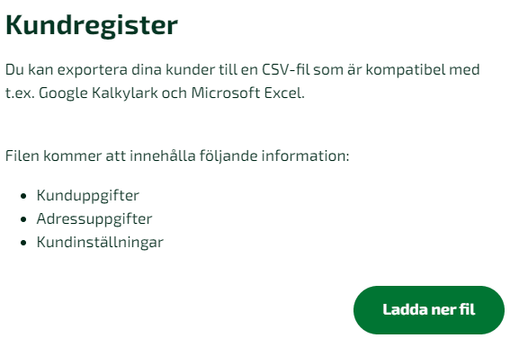 För att exportera kundregistret klickar du på Ladda ner fil.