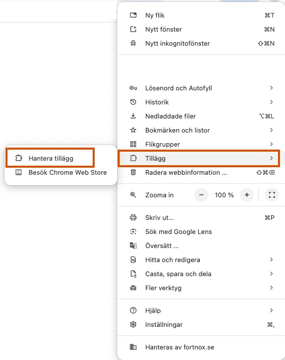 Hantera tillägg i Chrome.
