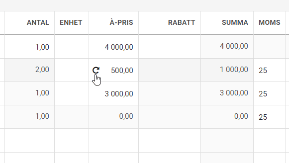 Tillfälligt låst pris på en paketartikel visas med en rund pil.