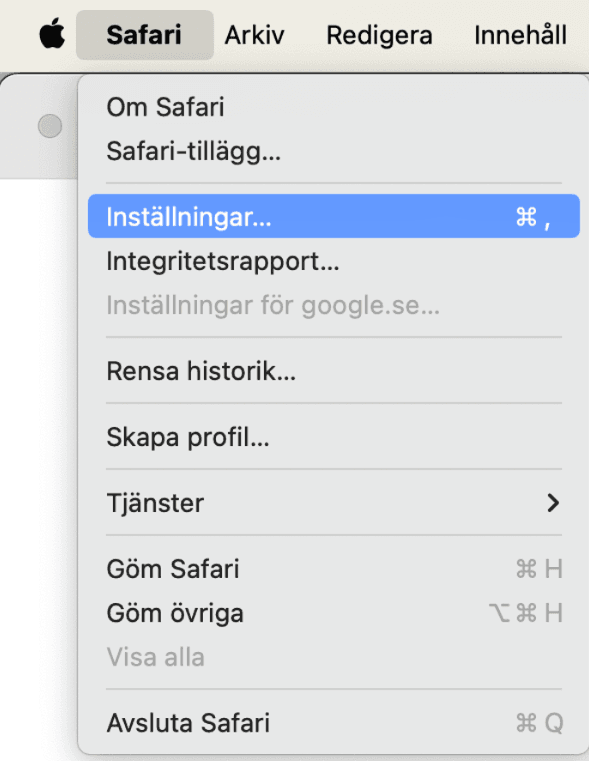 För att tillåta popupfönster i Safari klickar du på Safari och sedan Inställningar.