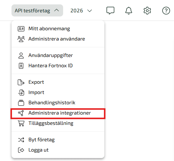 Inloggad i Fortnox klickar du på bolagsnamnet uppe till höger - Administrera integrationer.