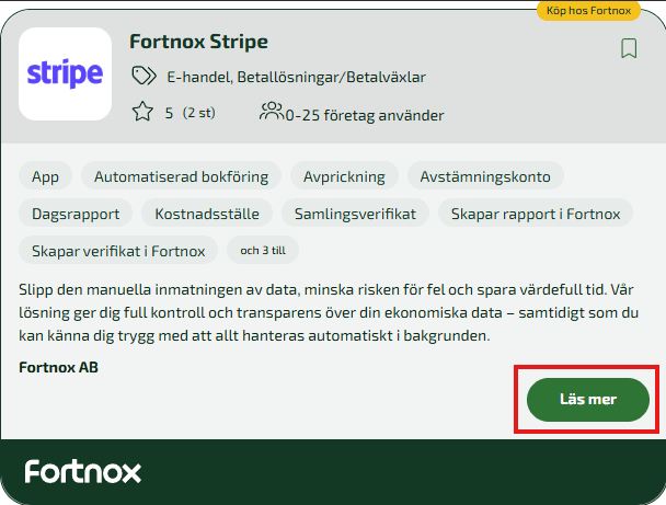 När du har hittat Fortnox Stripe, klickar du på Läs mer.