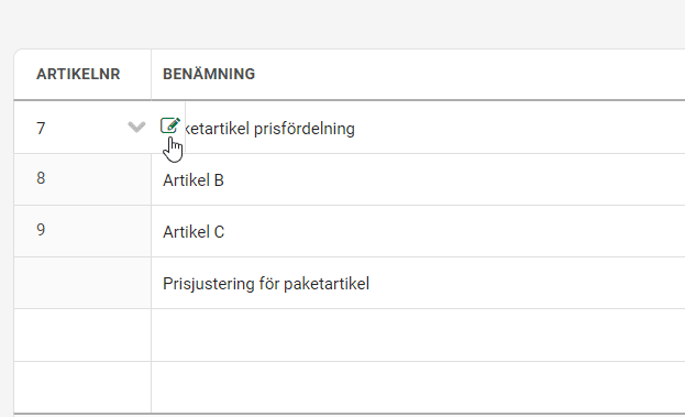 Klicka på symbolen med pennan för att ändra priset i artikelregistret.
