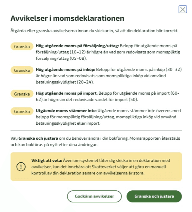 Om du får meddelanden märkt med Granska har din momsrapport accepterats för inlämning, men Skatteverket vill uppmärksamma dig på att vissa värden ser ovanliga ut.