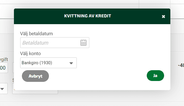 Välj vilket datum du vill kvittera kundfakturorna på och även mot vilket konto.