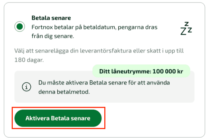 Klicka på alternativet för att aktivera Betala senare för att komma igång.
