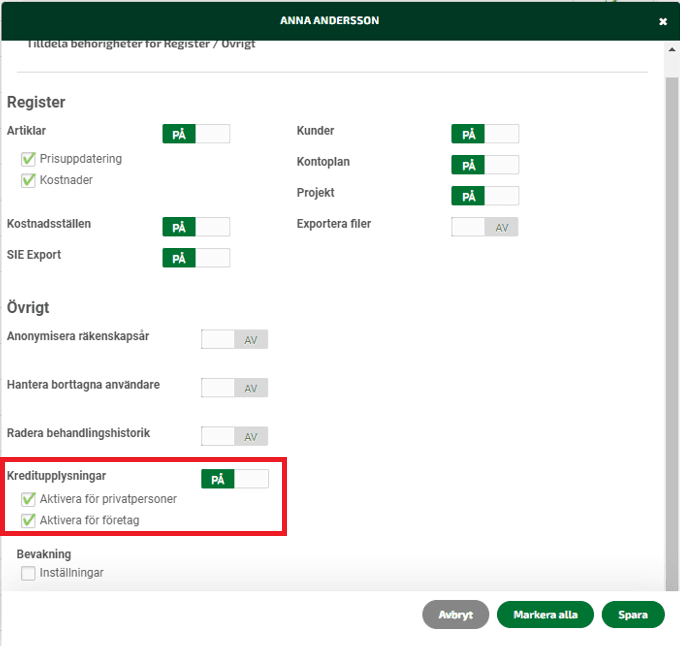 Klicka på Register/Övrigt och bocka för behörigheten för kreditupplysning.