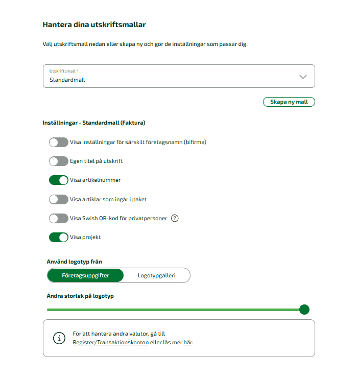 Välj inställningar för dina utskriftsmallar.