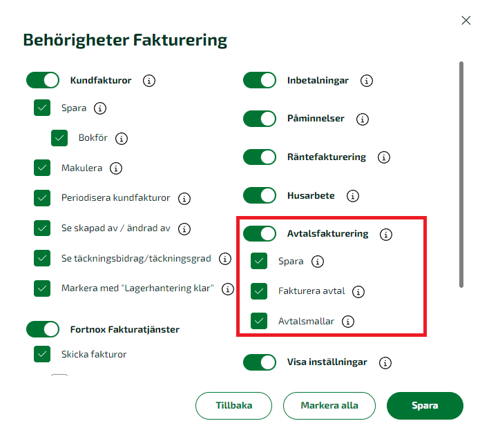 Aktivera behörigheten Avtalsfakturering under Administrera användare.