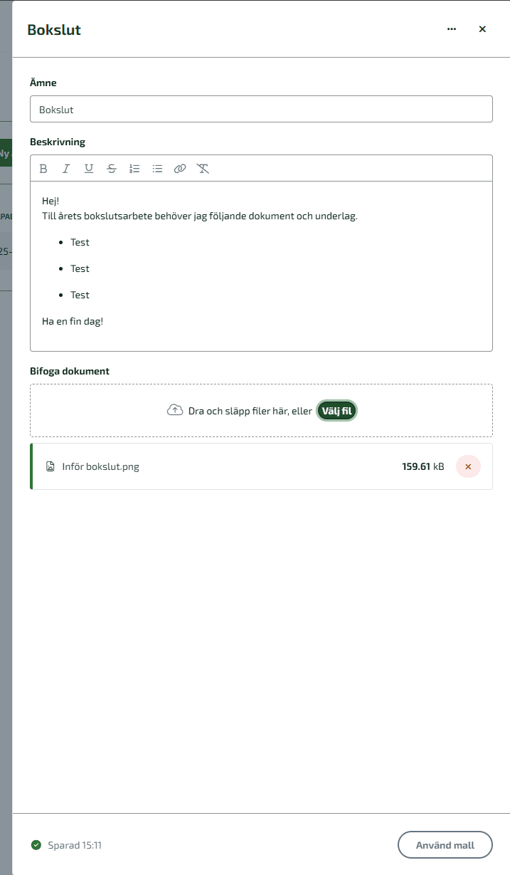 För att skapa en ny ärendemall klickar du på Ny ärendemall och anger ämne och beskrivning.