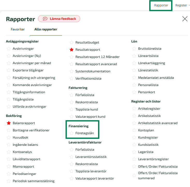 Rapporten Företagslån under Rapporter - Finansiering.